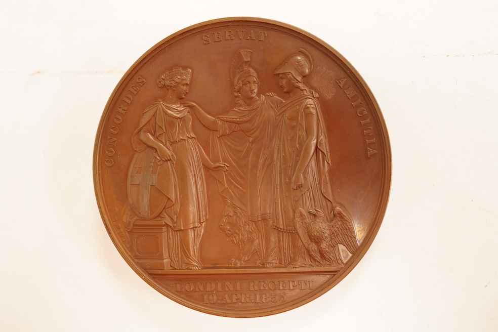 Victoria medals, Visit of Napoleon III to London, 1855, bronze medal by B. Wyon for the Corporation of the City of London, the obverse with conjoined busts of Napoleon III and Eugenie facing three-quarters left, the Rev.